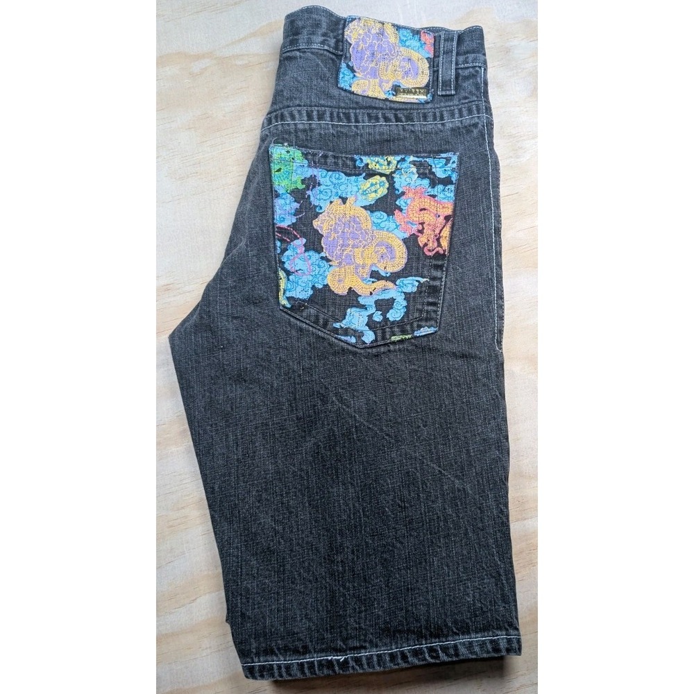 Vintage Y2K Avirex Black Denim Jean Shorts 34 Baggy Hip Hop Skater Punk Dragons